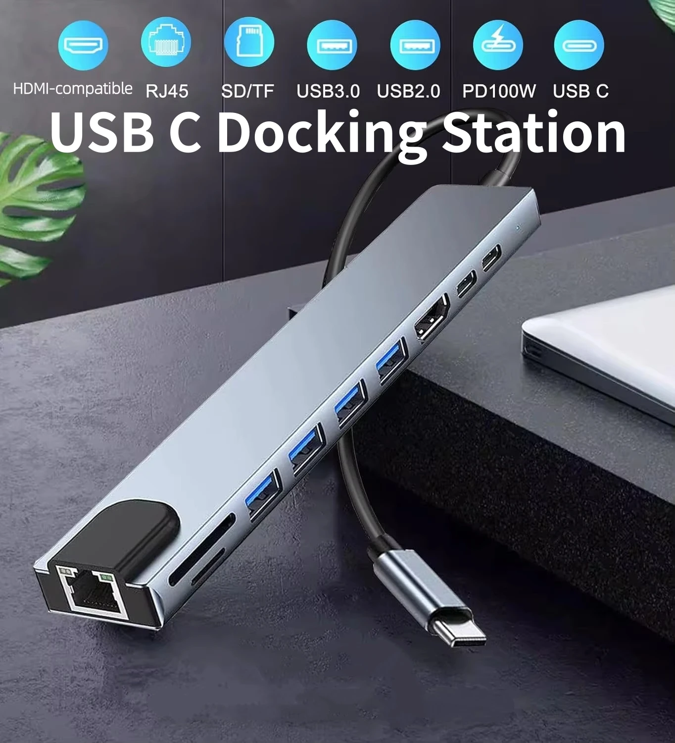 Immagine 3: Docking Station USB C con HDMI 4K, Ethernet 100Mbps, Lettore Schede SD/TF, USB 3.0/2.0 e Ricarica PD 100W - per Macbook