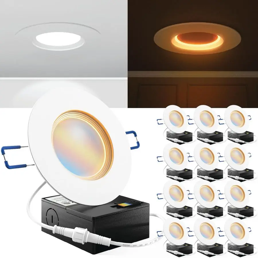 

Набор из 12 светодиодных встраиваемых светильников 10W 4 дюйма, тонкие, для ночного освещения, для гостиной, столовой, спальни, 600 люмен, Sel