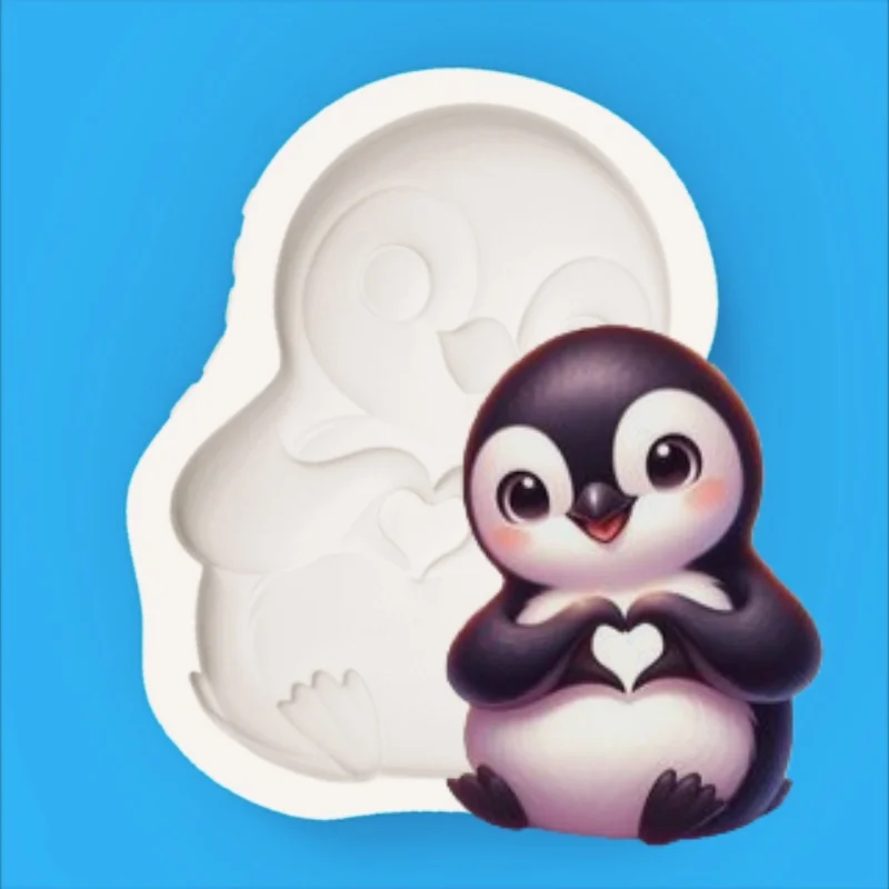 Molde de silicona de pingüino con manos en forma de corazón, textura de plumas nítida, alto detalle, fácil de desmoldar, para hacer fondant y chocolate.