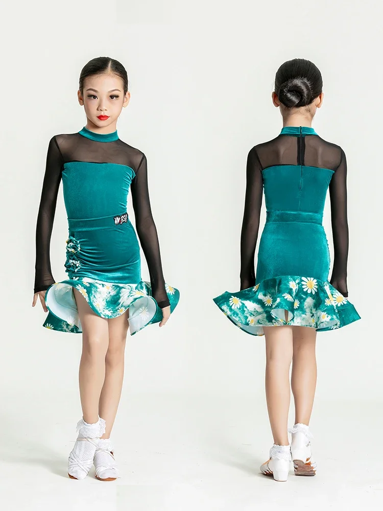 

Velvet Latin Dance Skirt Kids Dance Dresses for Child Rumba Tango Stage Costume Ballroom Competition Latin Dance Dress Girls