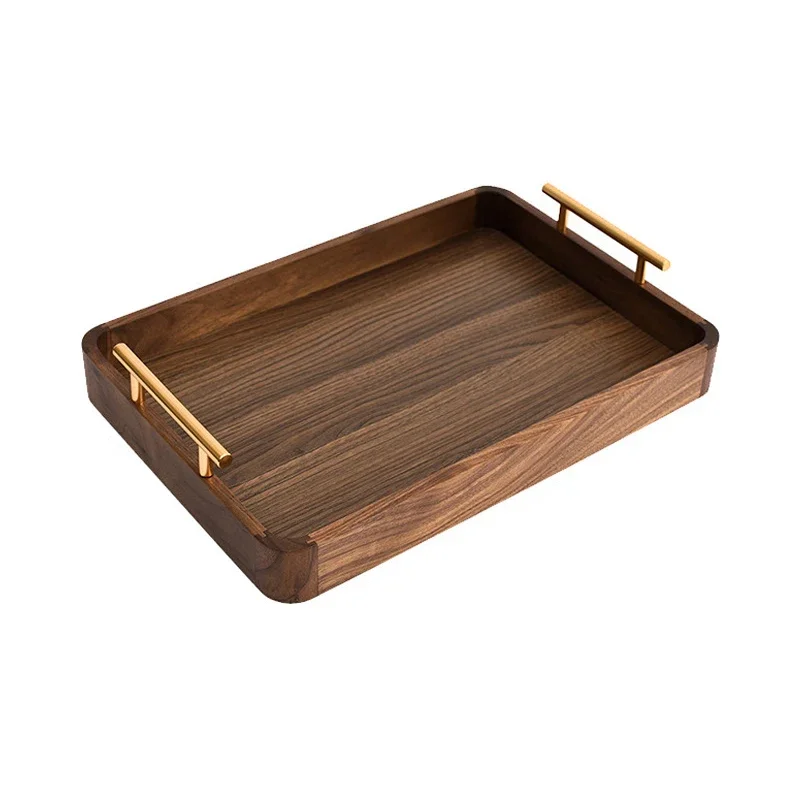 

Black Walnut Rectangular Wooden Dried Fruit Plate Metal Storage Tray with Handle Home Solid Wood Breakfast Tray for Food