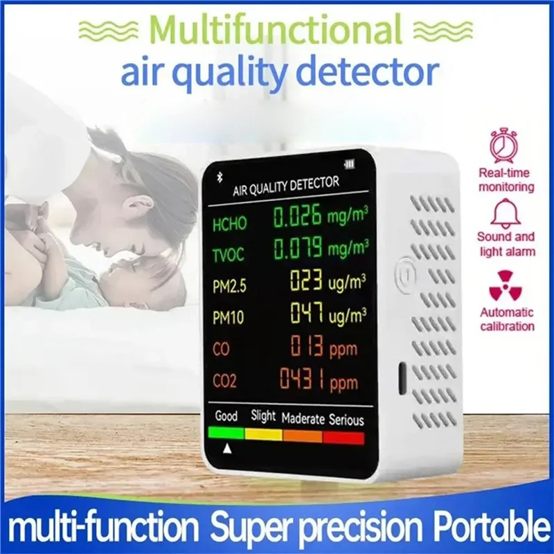 ABCA-2X 6 في 1 متعدد الوظائف جهاز اختبار جودة الهواء شاشة الكريستال السائل المنزل داخلي مكتب الحائط جهاز اختبار جودة الهواء