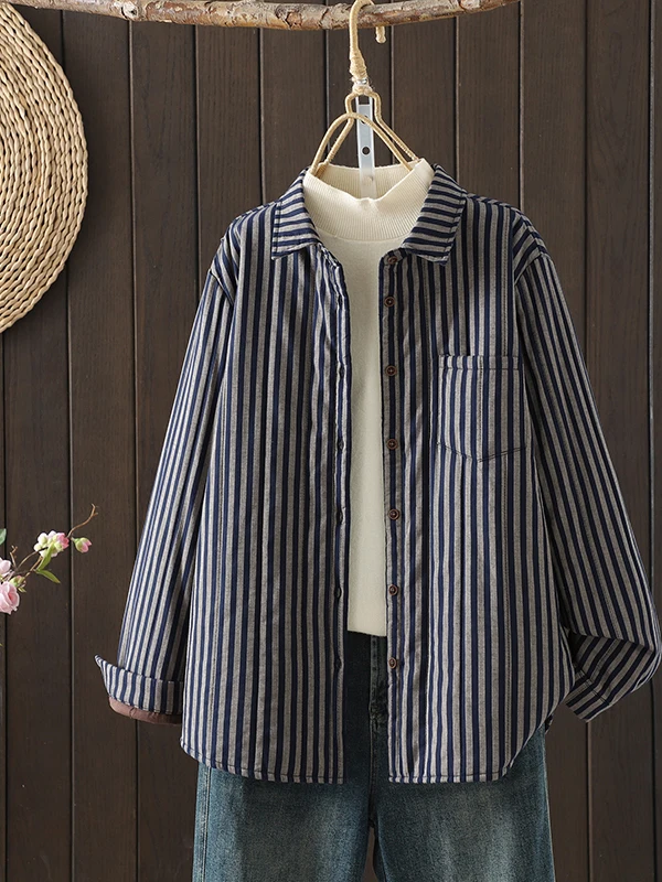 

Warm Pure Cotton Striped Casual Women's Jaet Brand Tagl Autumn Winter Outerwear Thiened Long Sve Collar Coat