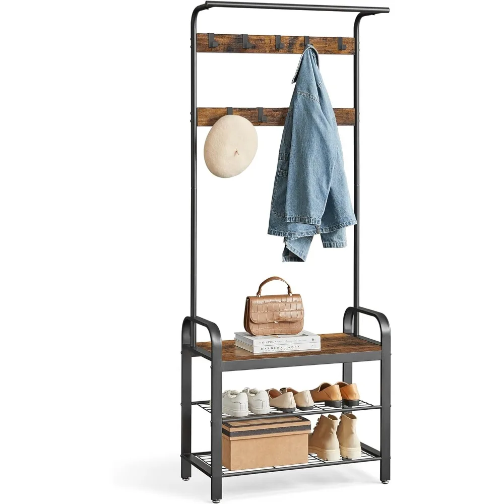 Coat Rack, Hall Tree with Shoe Bench for Entryway, Entryway Bench with Coat Rack, 4-in-1, with 9 Removable Hooks, a Hanging Rod