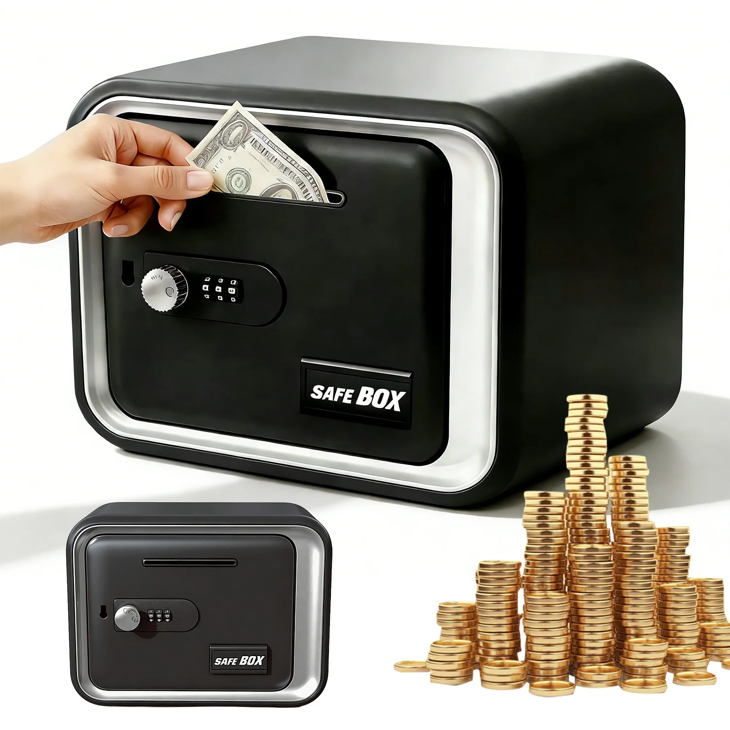 Tirelire à monnayeur sécurisée avec serrure à combinaison, mini-coffre-fort pour enfants, protection par mot de passe et 2 clés, cadeau idéal pour la banque d'épargne des enfants