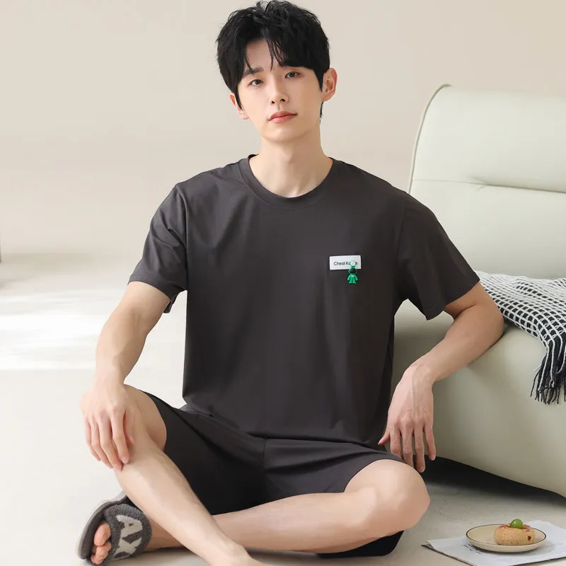 Men's Modal Summer Homewear Teenage Pajama Set Ice Silk Short Sleeve Plus Size Sports Style Suitable for Wearing Outside