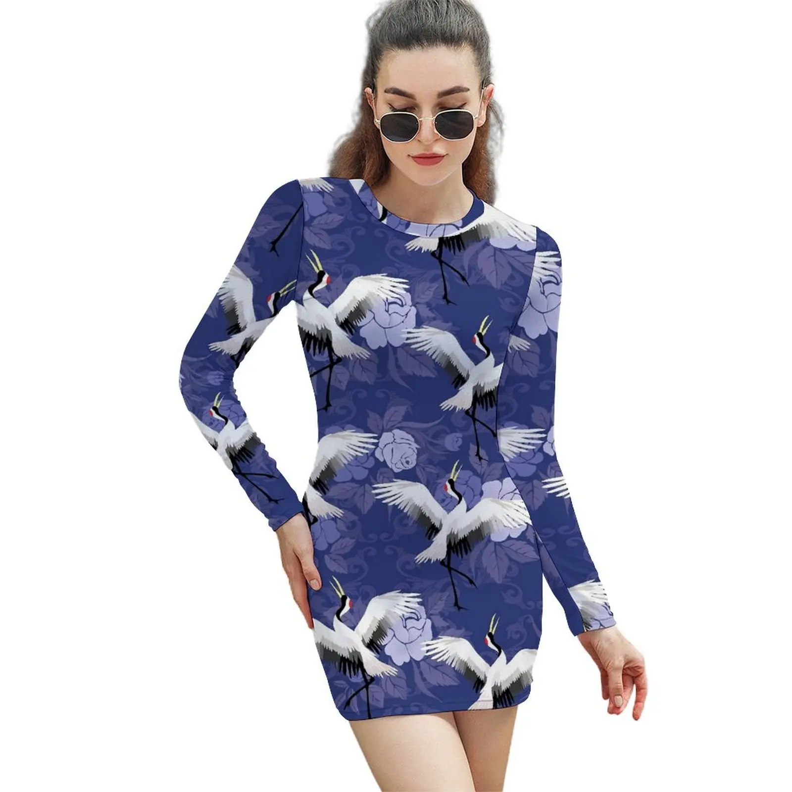 

Crane Birds Flower Bodycon Dress Women Blue Floral Print Sexy Dresses Summer Long Sleeve Aesthetic Custom Dress Large Size