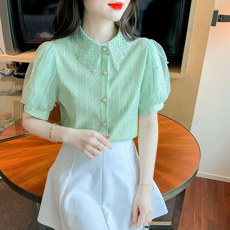 Fashion Korean Pearl Puff Sleeve Blouse Sweet Cute Peter Pan Collar Summer New Chiffon Shirts Top Fashion Elegant Womens Clothes