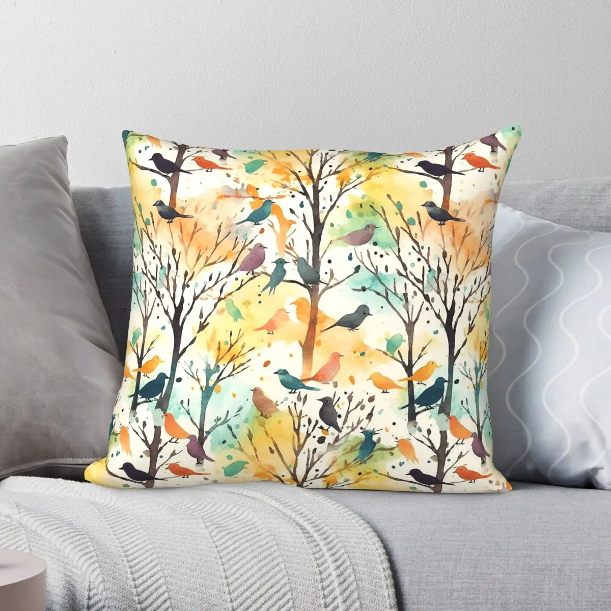 Cute Watercolor Birds Singing Square Pillowcase Polyester Linen Velvet Printed Zip Decor Bed Cushion Cover