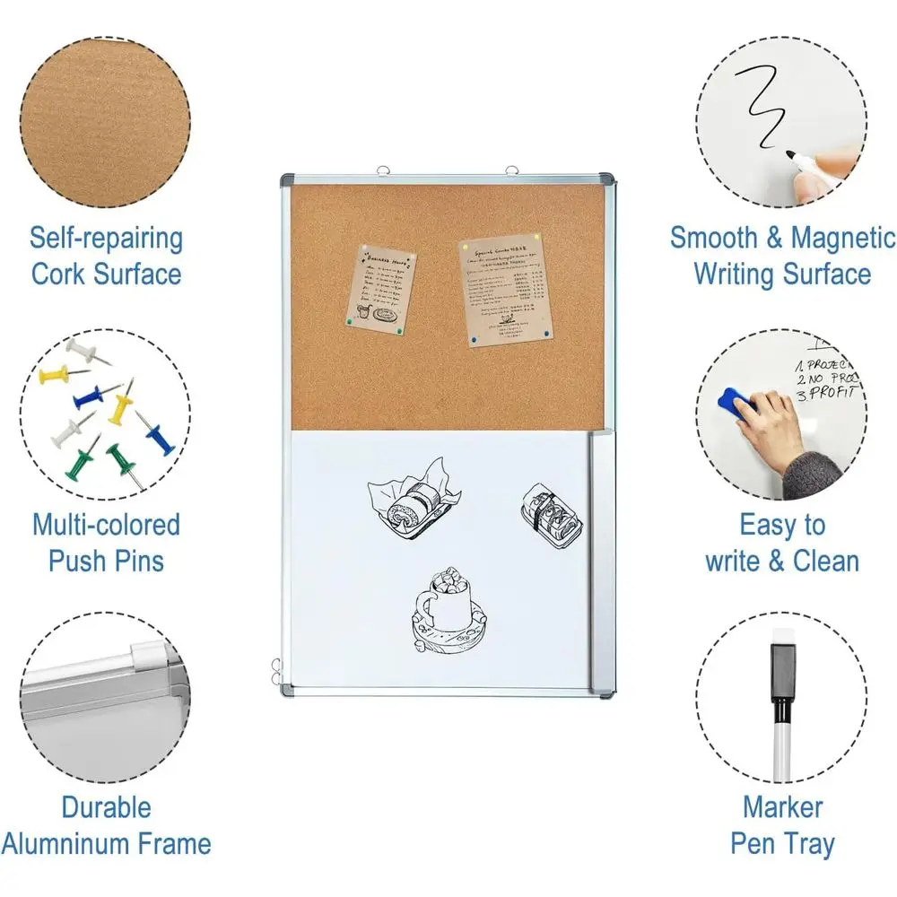 Quadro Branco Magnético e Quadro de Cortiça de Dupla Função, 36x24 Polegadas, Montado na Parede para Uso em Casa e Escritório