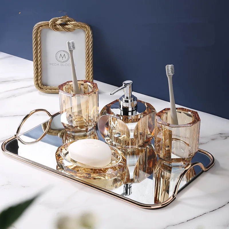 Bathroom Set Crystal Glass Liquid Soap Dispenser & Dish Toothbrush Holder Gargle Cup Luxury Birthday Presents Tabletop