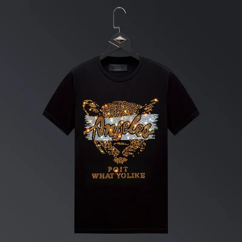 

2025 Short Sleeve T Shirts Men Mercerized Cotton Clothing Fashion Cartoon Leopard Diamonds O Neck Slim Mens T-shirts Casual Tops