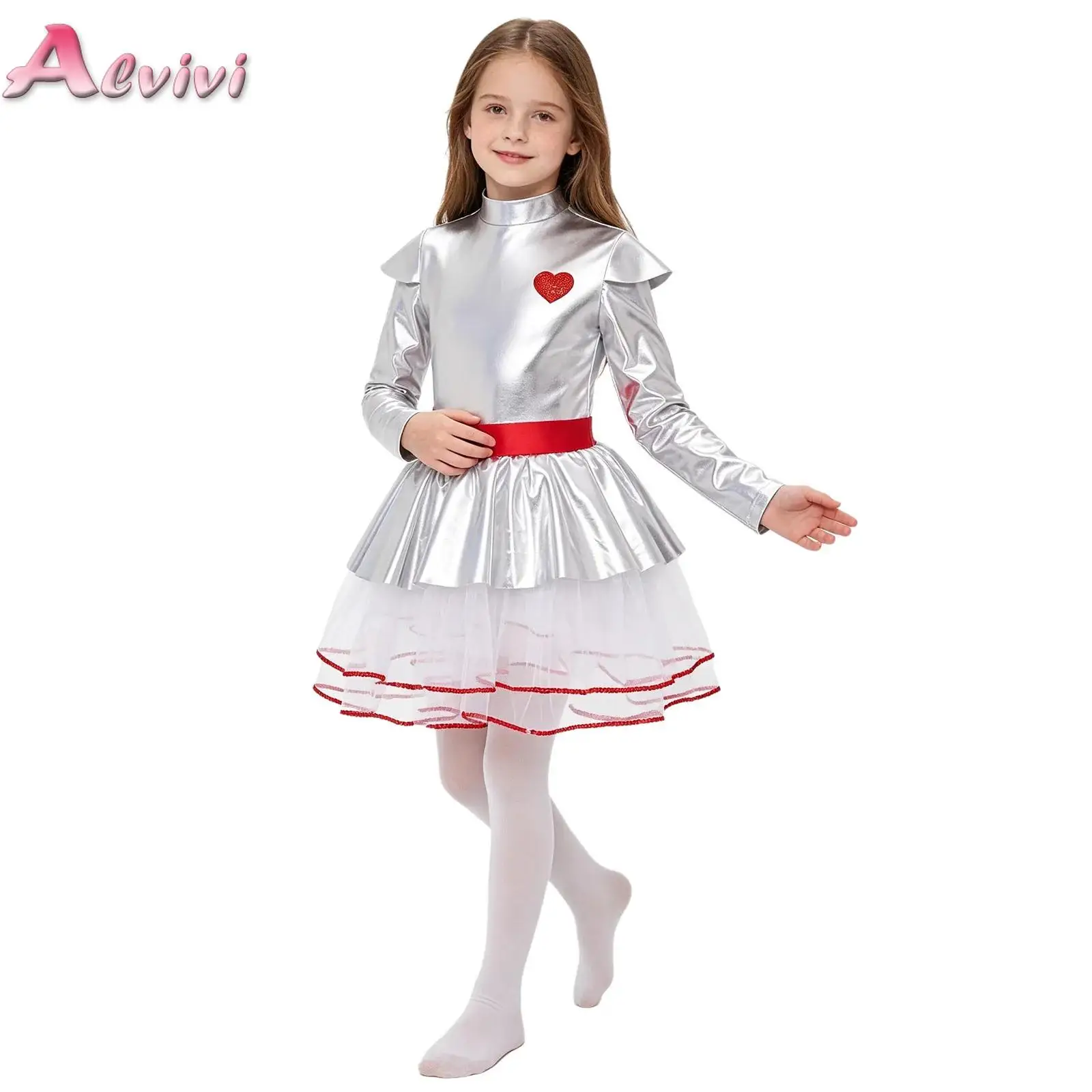 Kids Girls Alien Costume Long Sleeves Back Invisible Zipper Metallic Ballet Dance Tulle Tutu Dress Birthday Party Stage Outfit