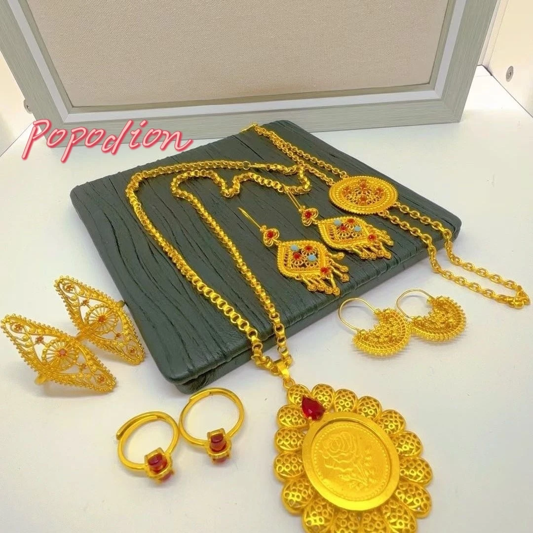 Popodion   Dubai New 24K Gold Plated Jewelry Bridal Wedding Necklace Earrings Ring Bracelet Set Of 8 YY10372