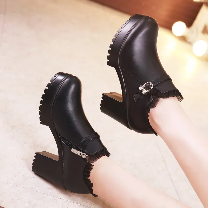 8cm Small Size 32-43 Buckle Deep Mouth Platform Pumps Women Shoes Fall 2023 Block High Heels Shoes for Office Model Dance Black