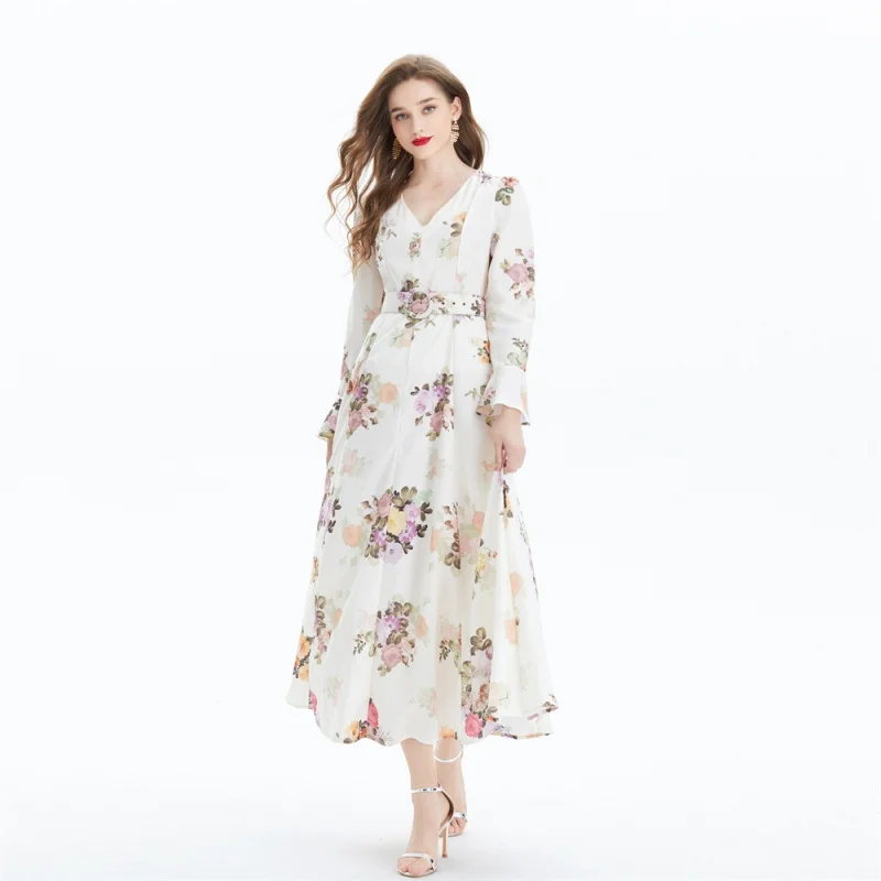 Robe longue à col en V imprimée à manches évasées pour femmes, tempérament de printemps, robe couvertes adt, robe de soirée décontractée, robe éducative, nouveau, 2024