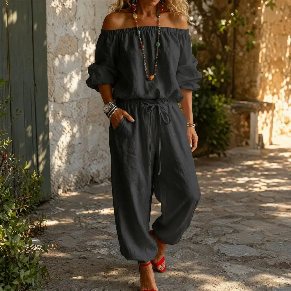 Elastic Jumpsuit Polyester Jumpsuit Women's Off Shoulder Jumpsuit with Tie Waist Casual Half Sleeve Rompers Summer One Piece