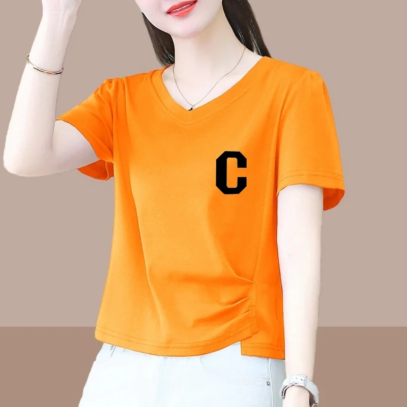 

Loose V-Neck Short Sleeve Mommy T-Shirt plus Size Slimming Belly Covering Printed Half Sleeve Body Shirt Women's Top