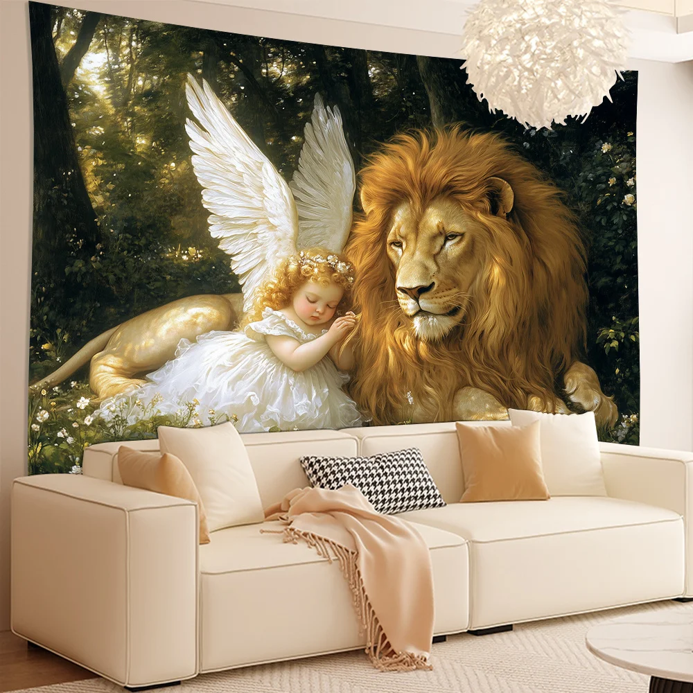 Angel and Lion in Enchanted Forest Tapestry - Perfect for Adding Magical and Serene Style to Any Room Decor, Ideal for Home Use
