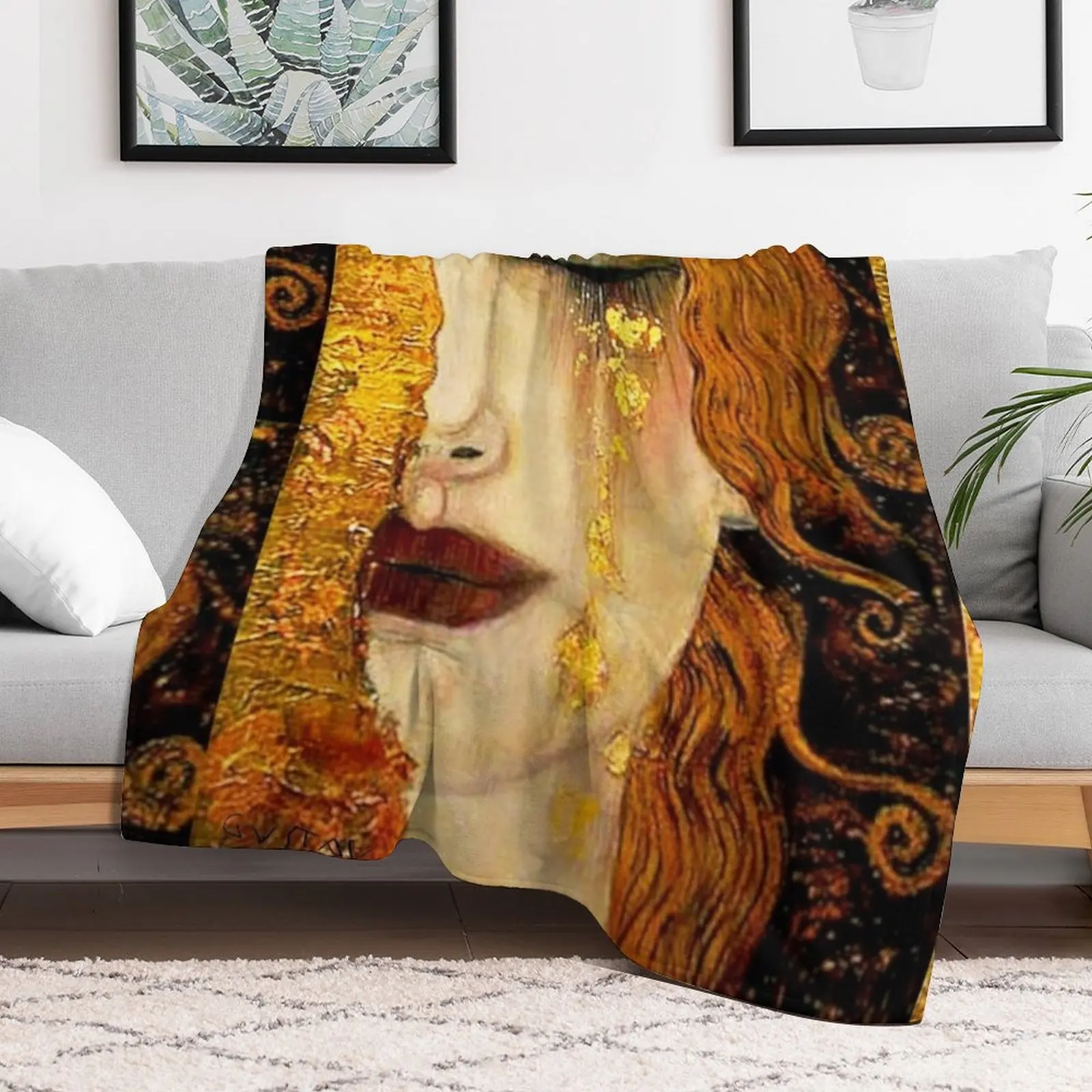 Gustav Klimt Freya's Tears w/Signature| Women's Grief Art Nouveau Throw Blanket Hairy Decorative Sofa Blankets