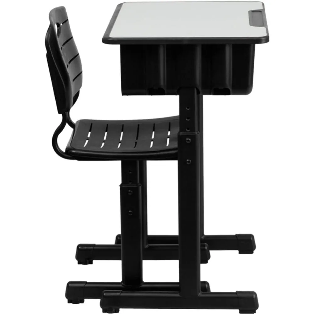 Adjustable Height Student Desk and Chair Set for Classrooms or Remote Learning, School Desk with Chair and Book Box, Gray/Black