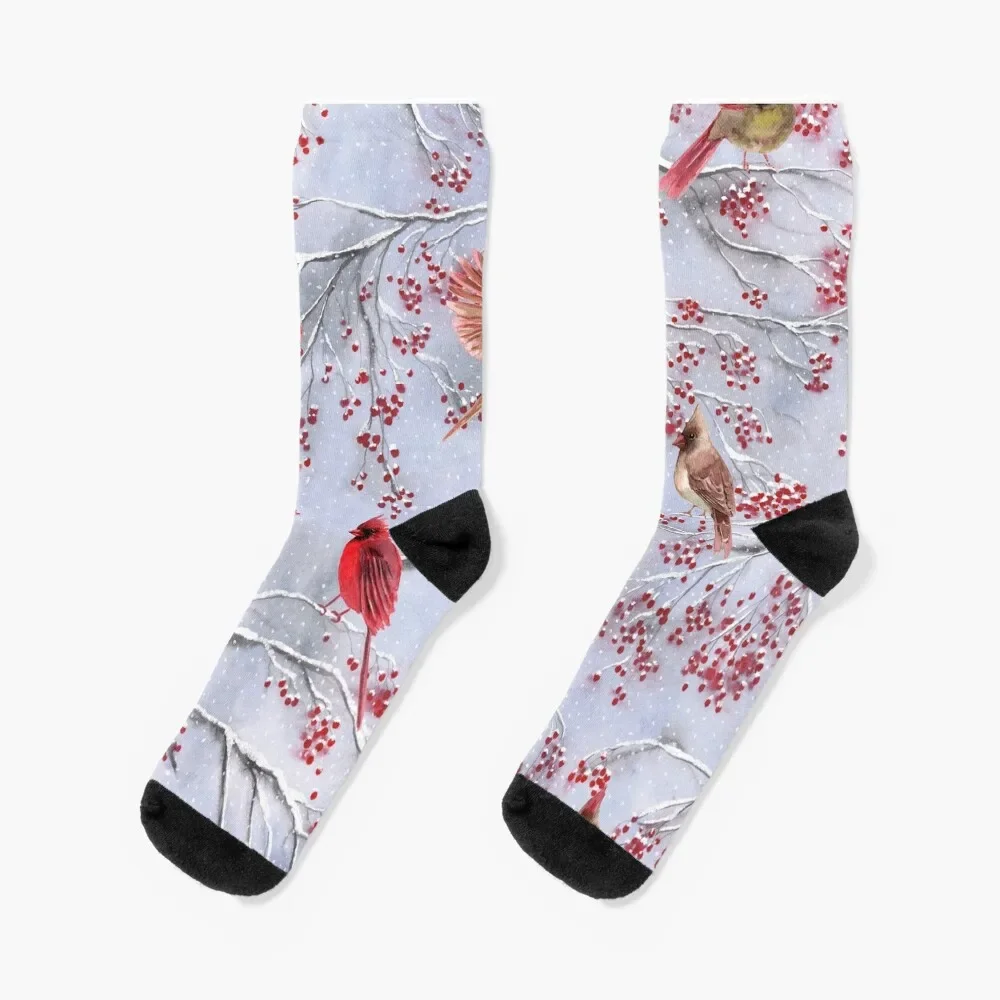 cardinal birds on a winter tree with red berries Socks aesthetic hiphop Socks Men Women's