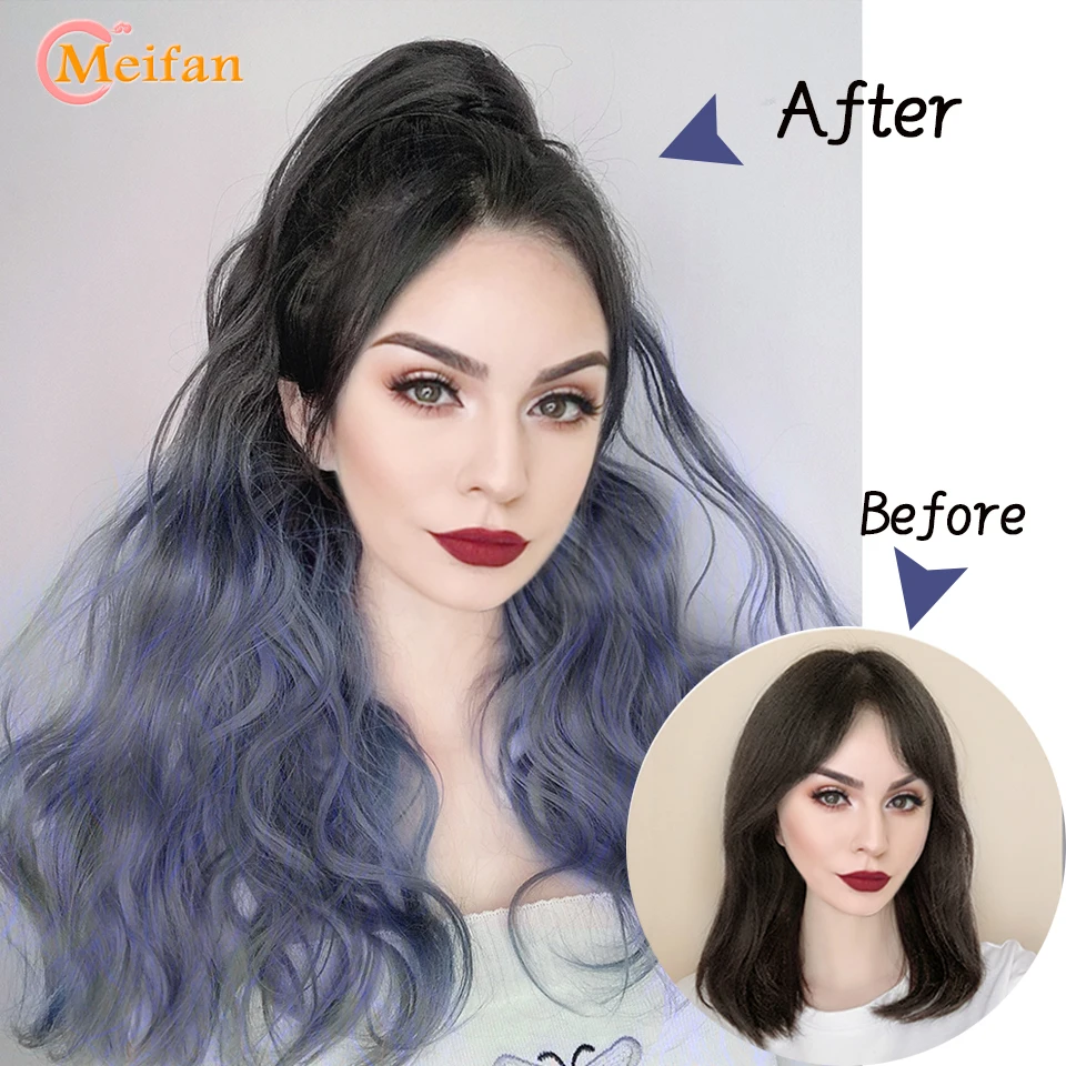 MEIFAN Synthetic Long Ombre Blue Pink Claw Ponytail Women Clip in Hair Extensions Wavy Curly Pigtail Brown Natural Fake Hairpiec