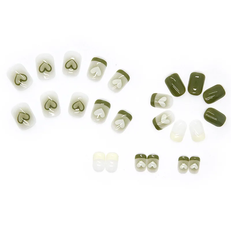 

24pcs Mixed-Size Medium-Short Press-On Nails Jelly Nude Base Fresh Green Minimalist Heart Design False Nails For Women