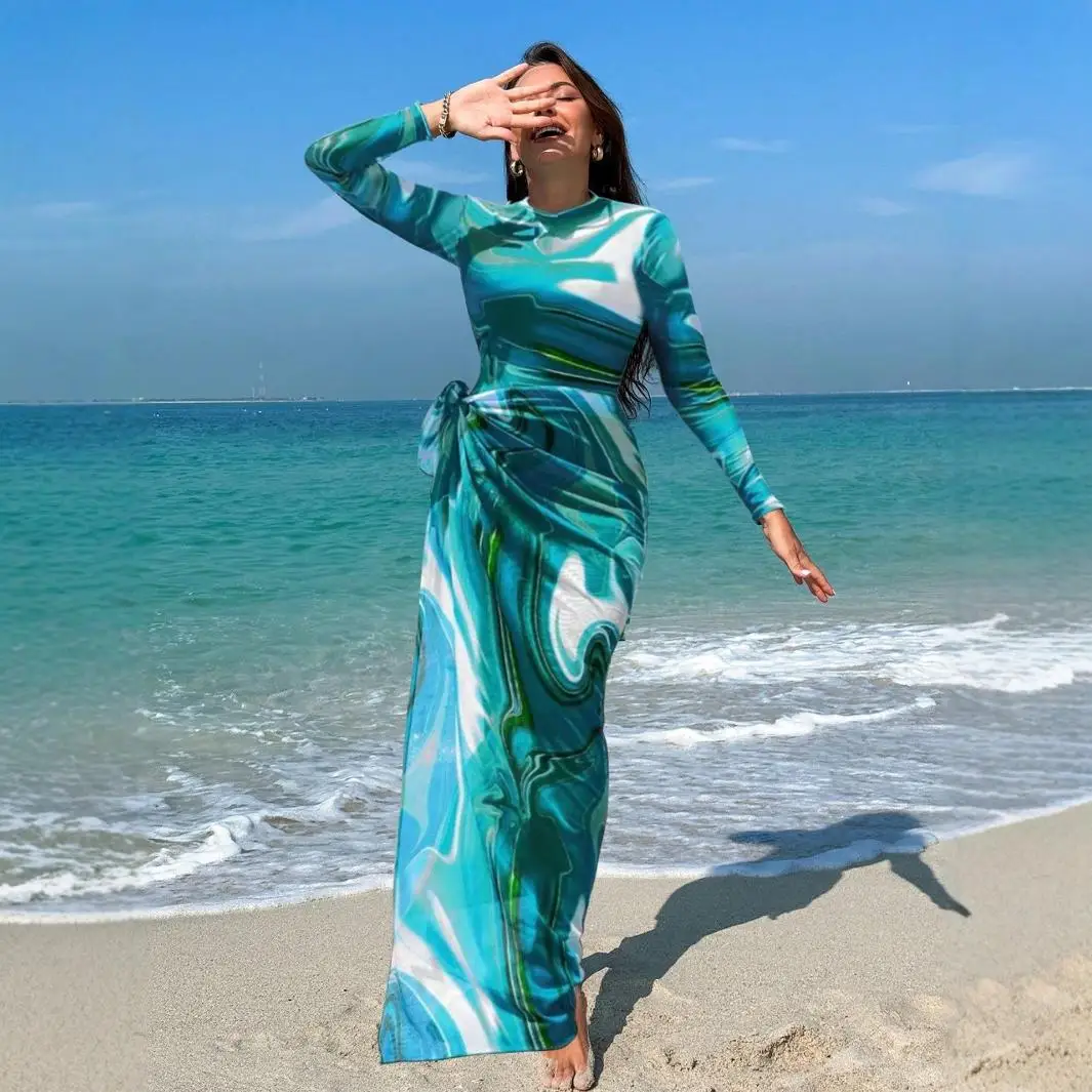 Conservative Swimsuit Long Sleeve Trousers Swimsuit Full Coverage Patterned Swimwear Performance Seaside Women's Swimsuit