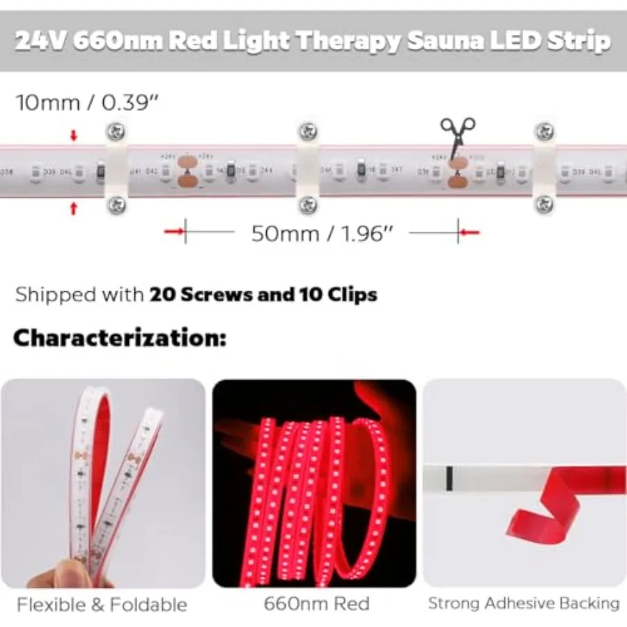 Light Sauna LED Strip, Heat-Resistant IP68 Waterproof Flexible LED Tape Light, 24V 600 LEDs 5m/16.4Ft for Relaxation and Genera