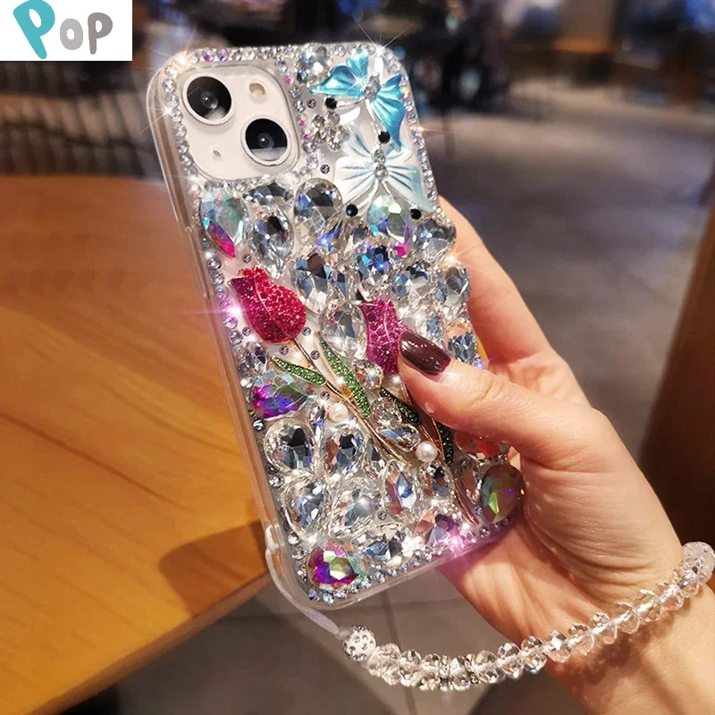 

Luxury Sparkle Diamond Crystal Rhinestone Rose Flower Butterfly Case with Strap, for Samsung A70S, A52, A71, A51, A72, A73, A53