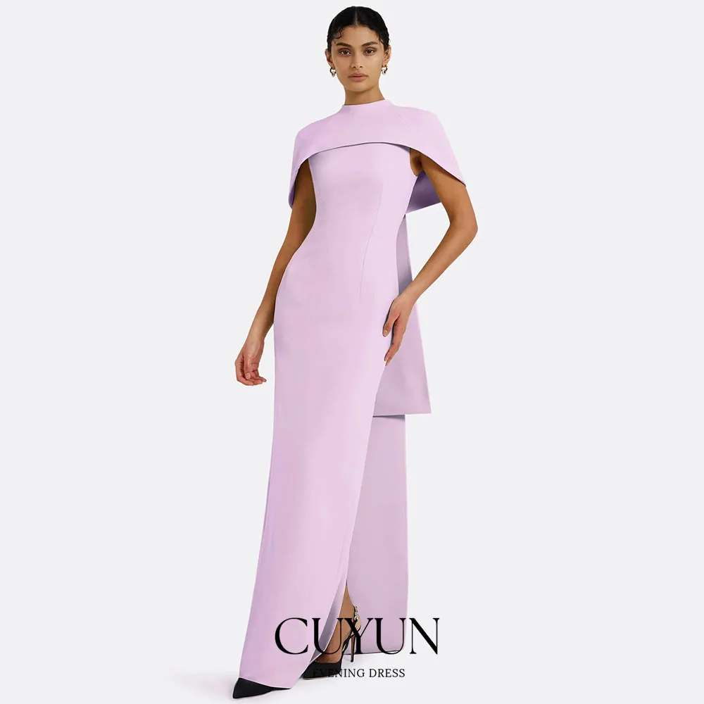 

CUYUN Customized Evening Dress Cape O Neck Floor Length Column Evening Gowns for Women Draped Back Split Black Formal Party Gown