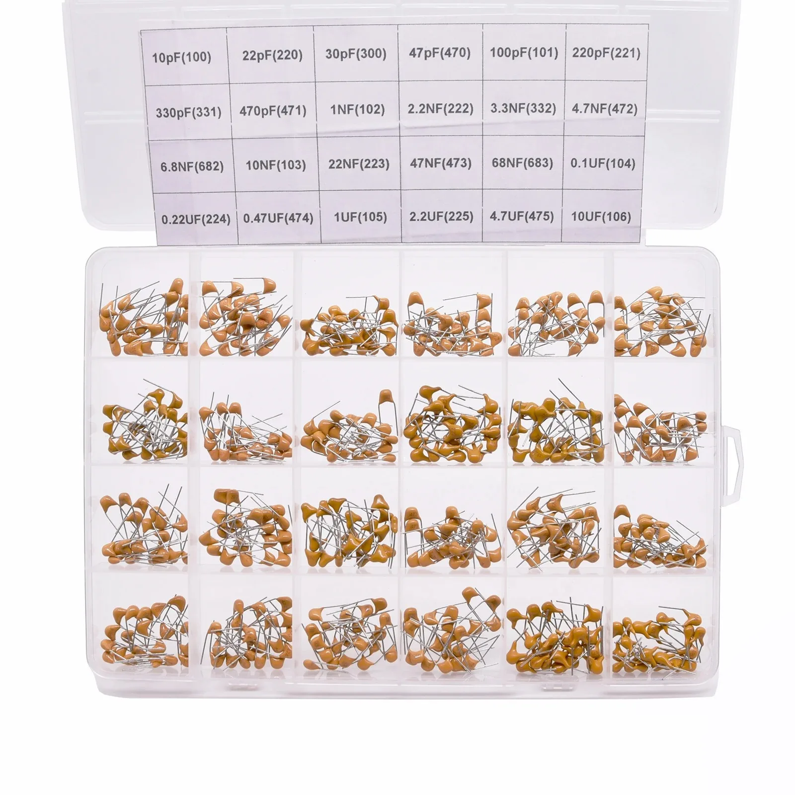 480PCS/BOX 24values*20pcs Monolithic Ceramic Capacitor 10pF~10uF,ceramic capacitor Assorted Kit 1UF 100NF 330NF 0.1UF 102 104