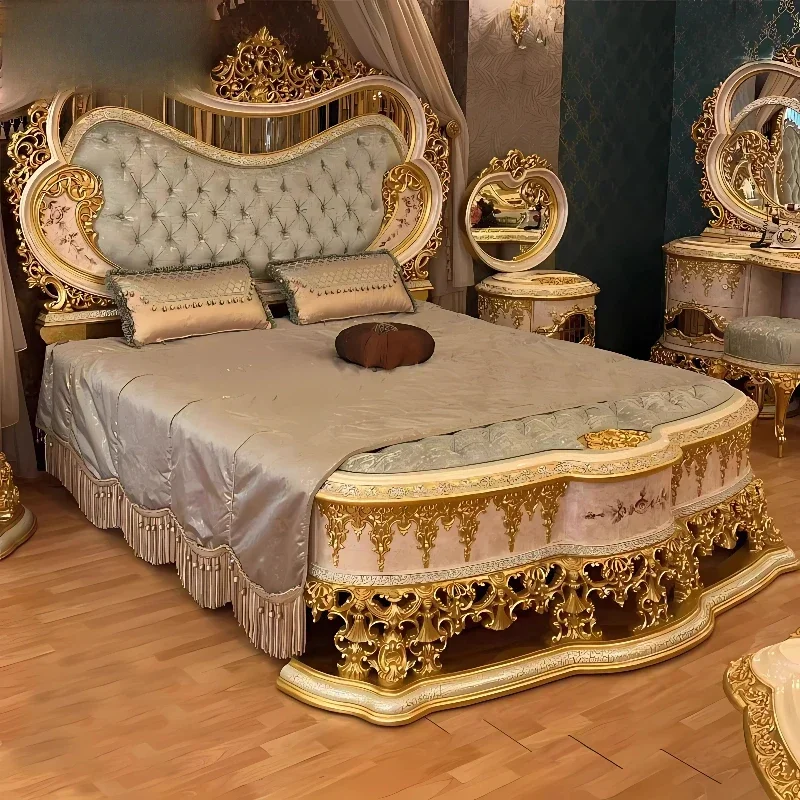 

European-stylegold foil double bed master bedroom luxury carved bed princess wedding bed French court solid wood villa furniture