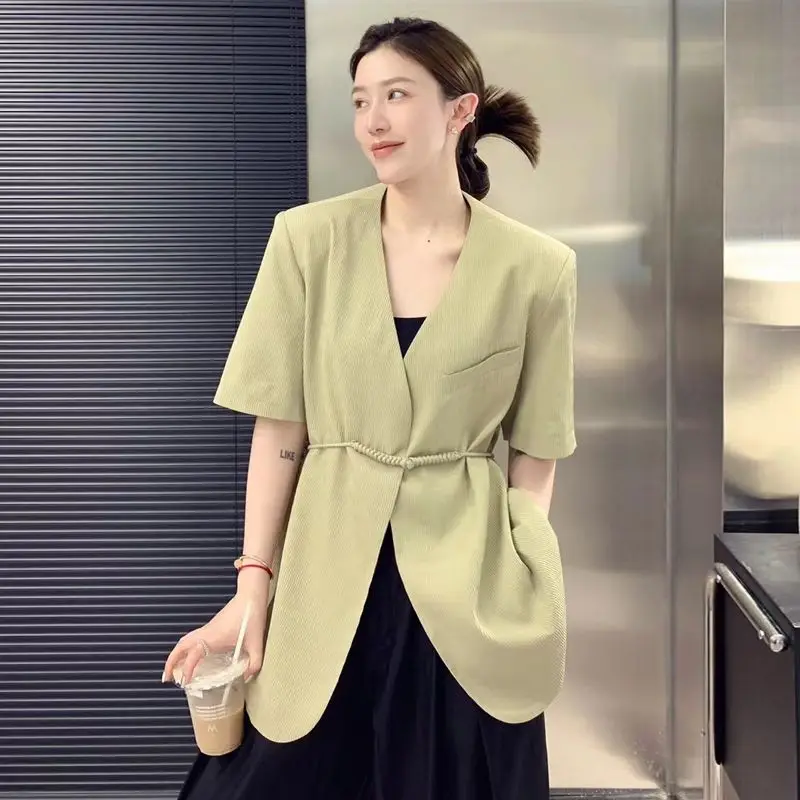 V-neck Elegant Plate Button Summer Women Clothing Short Sleeve Blazer Korean Chic Tops Thin High-end Jacket Office Ladies Suit