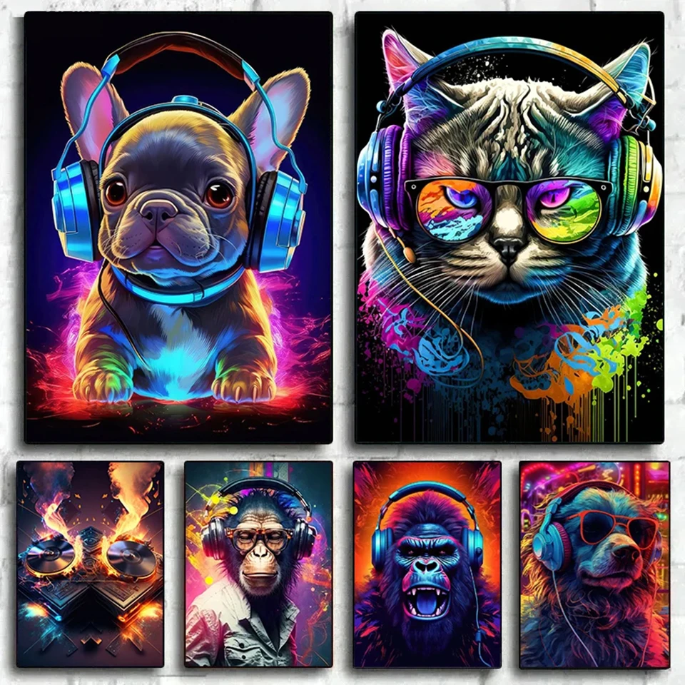 Animal Monkey Cat Dog Headphone Diamond Painting Music Dj DIY Vinyl Record Playing Rhinestone Picture Internet Bar Room Decor