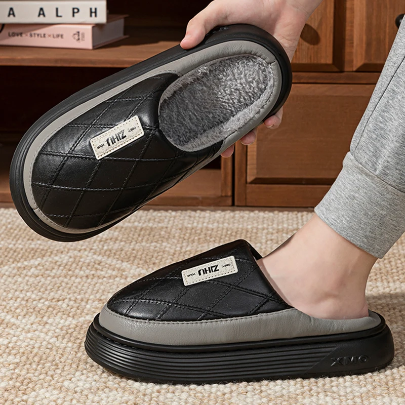 Men Fashion PU Leather Fleece Lined Slippers Winter Indoor Outdoor Waterproof Anti Slip Shoes Man Soft Lightweight EVA Slippers