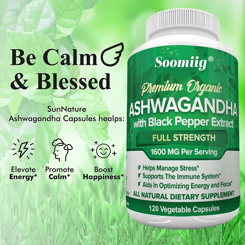 

Natural Ashwagandha Capsules Contain Black Pepper Extract Supplement - Relieve Anxiety and Stress and Improve Immunity