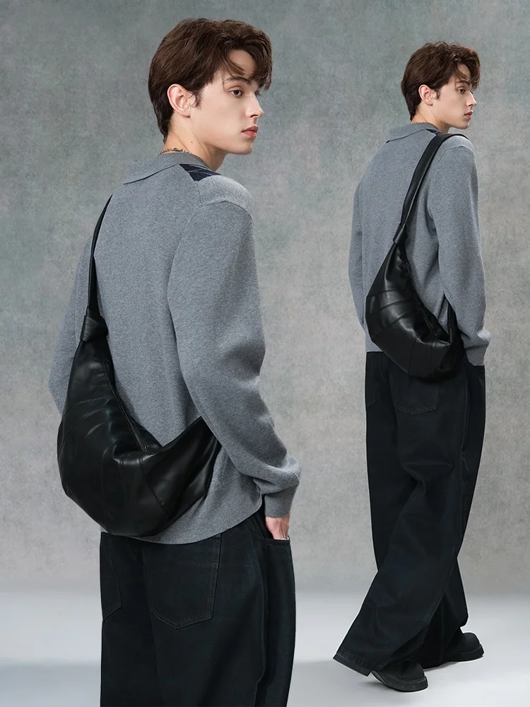 2026 New Men's Trendy Chest Bag Slant Crossbody Bag Doughnut Shape Leather Backpack Casual Style Motorcycle Element Soft Bag