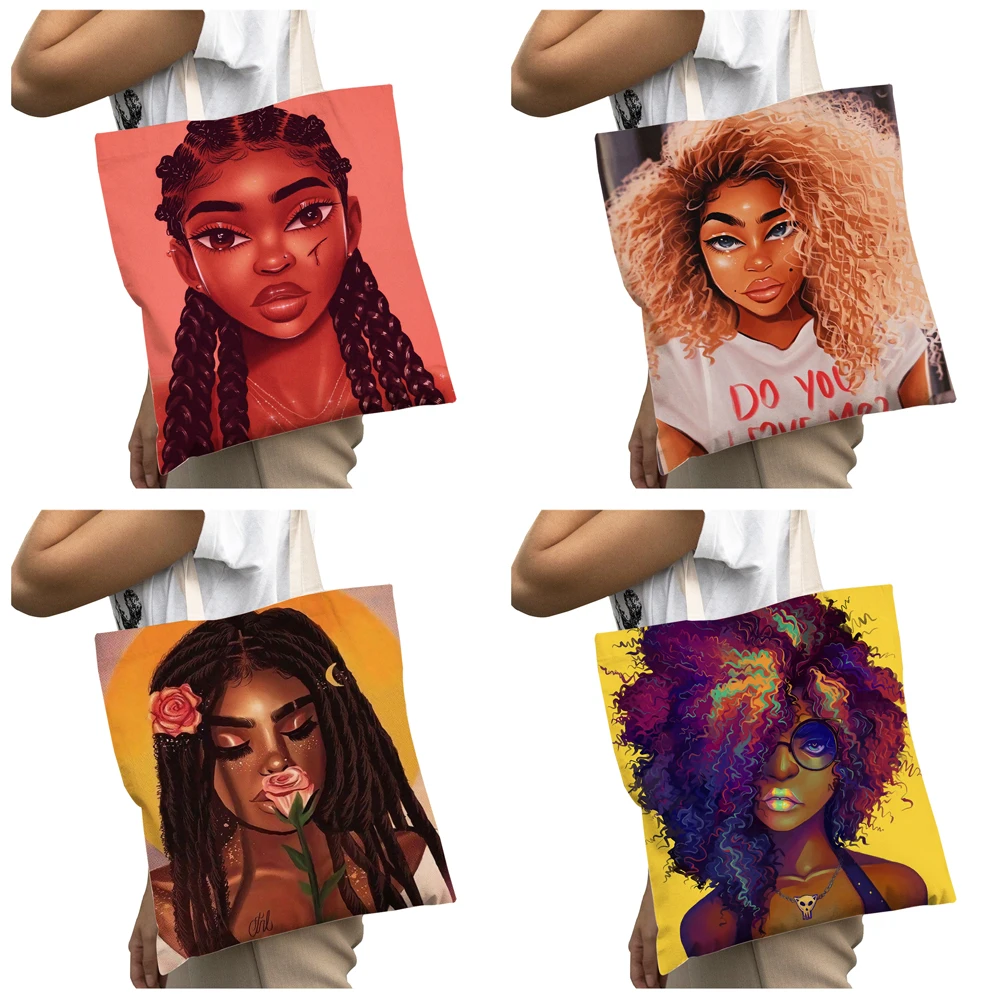 Borsa per la spesa Casual per ragazza africana per le donne bella borsa a mano in tela di moda nera borsa Shopper da donna di grande capacità