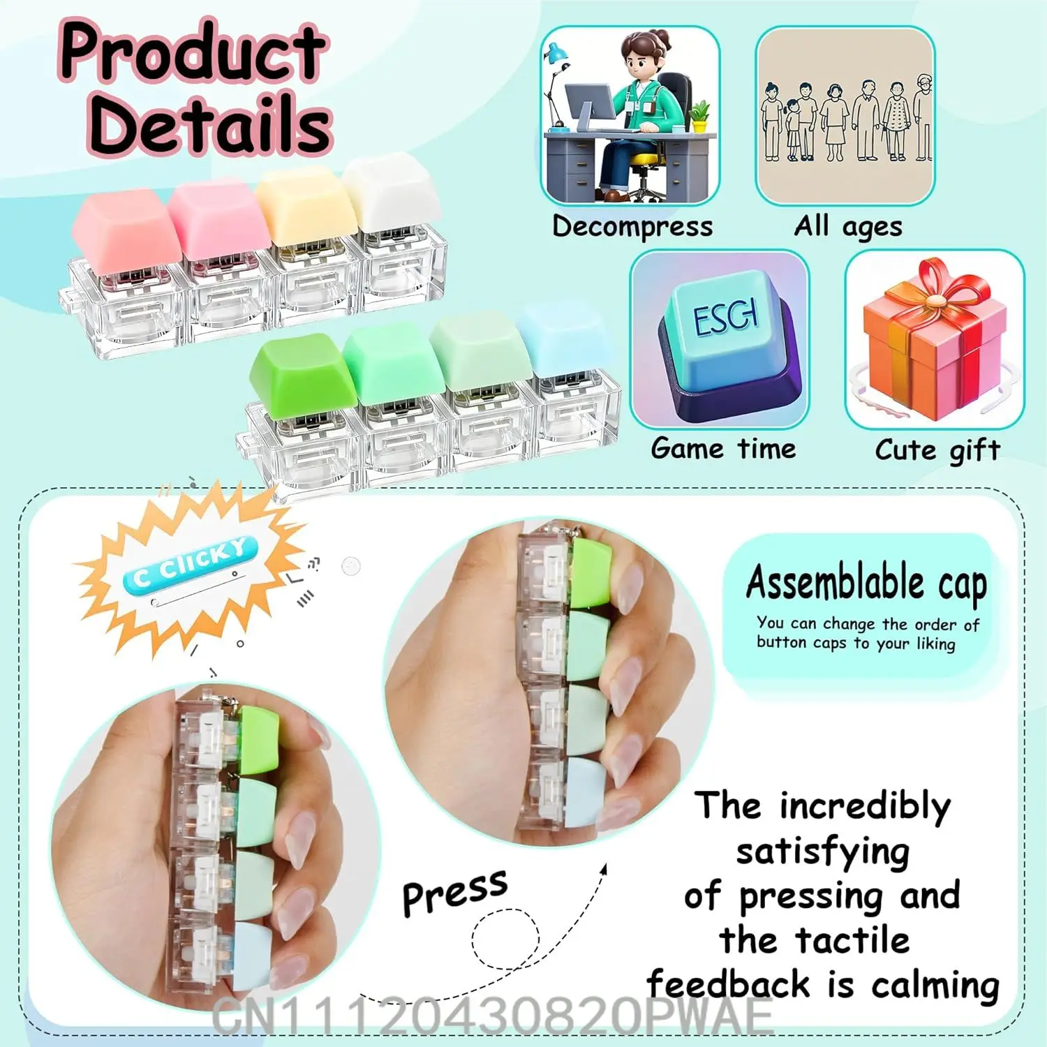 

Keyboard Fidget Toy 4-in-1 Keyboard Decompression Button Finger Clicker Toys, Button Stress Relief Keychain Fidget Gifts