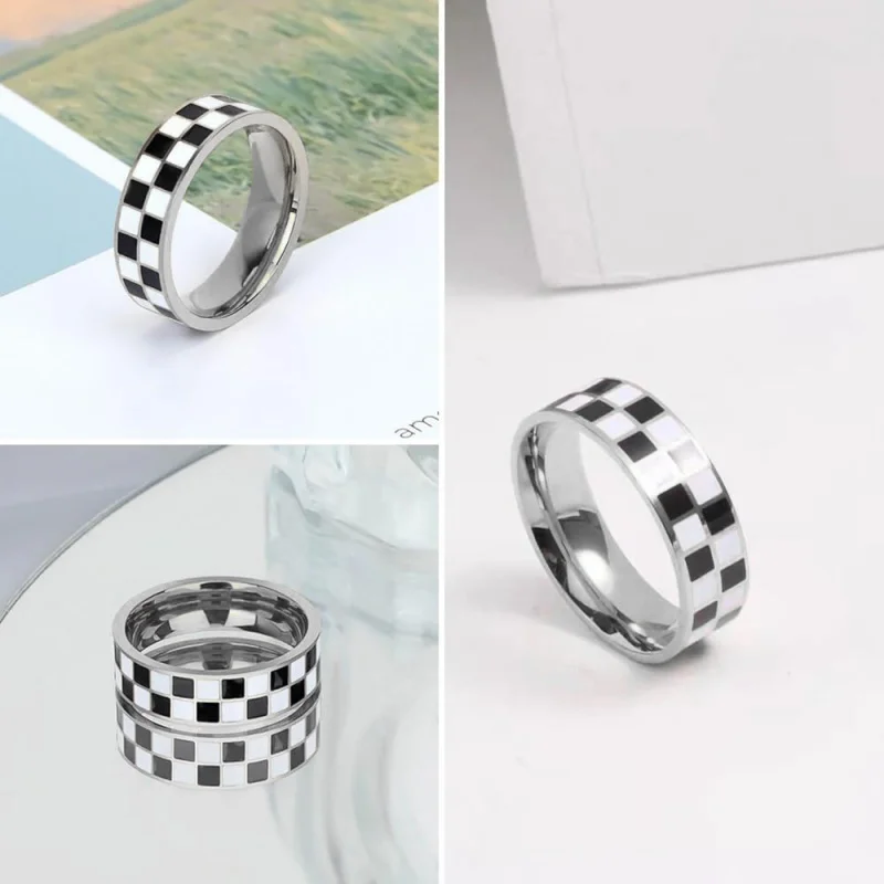 Huitan White/Black Checkered Enamel Stainless Steel Ring Grid Design Fashion Party Daily Elegant Statement Accessories Jewelry