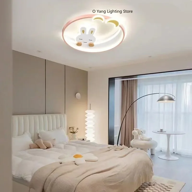 Candelabros de Luna de conejo rosa de dibujos animados, lámpara de techo para habitación de niños, luz de techo rosa para habitación de bebés y niñas, regulable RC