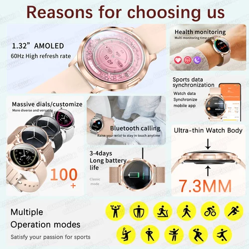 Imagen 2 del producto 2025 señora nueva 1,32 ""466*466 píxeles reloj inteligente ultrafino mujeres IP68 impermeable siempre en la pantalla Bluetooth llamada deporte relojes inteligentes