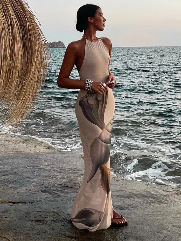 Print Backless Halter Maxi Dress Women Sexy Lace Up Sleeveless Off The Shoulder High Waist Dresses 2025 Lady Vacation Beach Robe