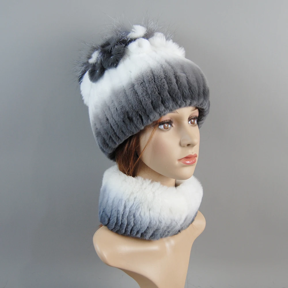 Good Elastic Winter Women Warm Natural Rex Rabbit Fur Muffler Cap Real Fur Scarves Hats Ladies Real Rex Rabbit Fur Scarf Hat Set