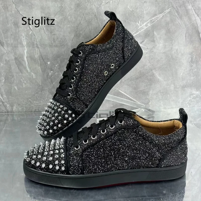 Rivet Glitter Low Top Men's Shoes Black Breathable Flats Casual Sneakers Shoes Lace Up Couple Shoes Women Single Shoes Spring