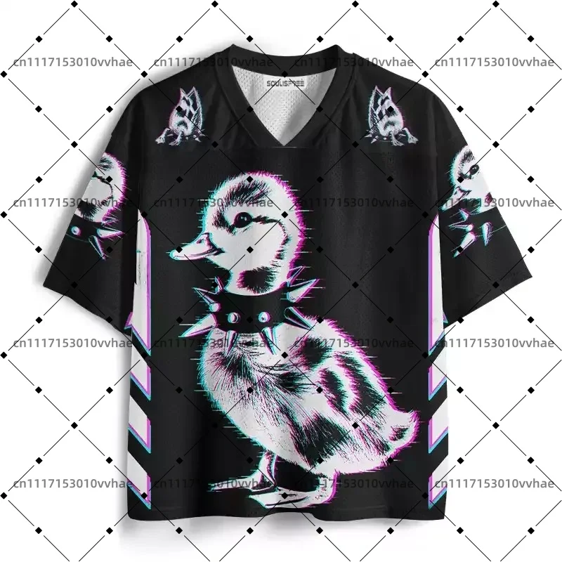 Soulisfree Punk Duck Mesh Jersey Design Digital Print V-Neck T-Shirt Comfortable Sports Short Sleeve