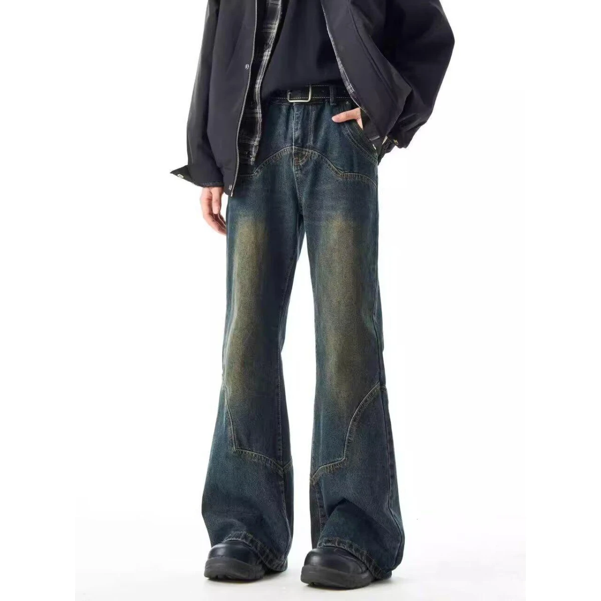 American Retro Washed Denim Jeans Men's Autumn Winter Loose Straight Casual Long Trousers Micro Flared Jeans Youth Trend