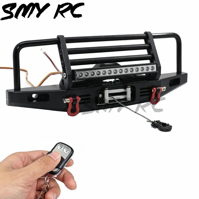 Metal Wilderness Front Bumper Anti-collision LED Light Bar & Winch & Remote Controller For 1/10 RC Climbing Car TRX4 SCX10 9004